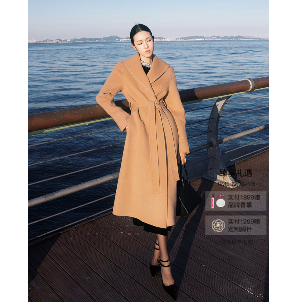 【明星同款】珂莱蒂尔冬季新款气质老钱风羊毛大翻领收腰双面呢大衣