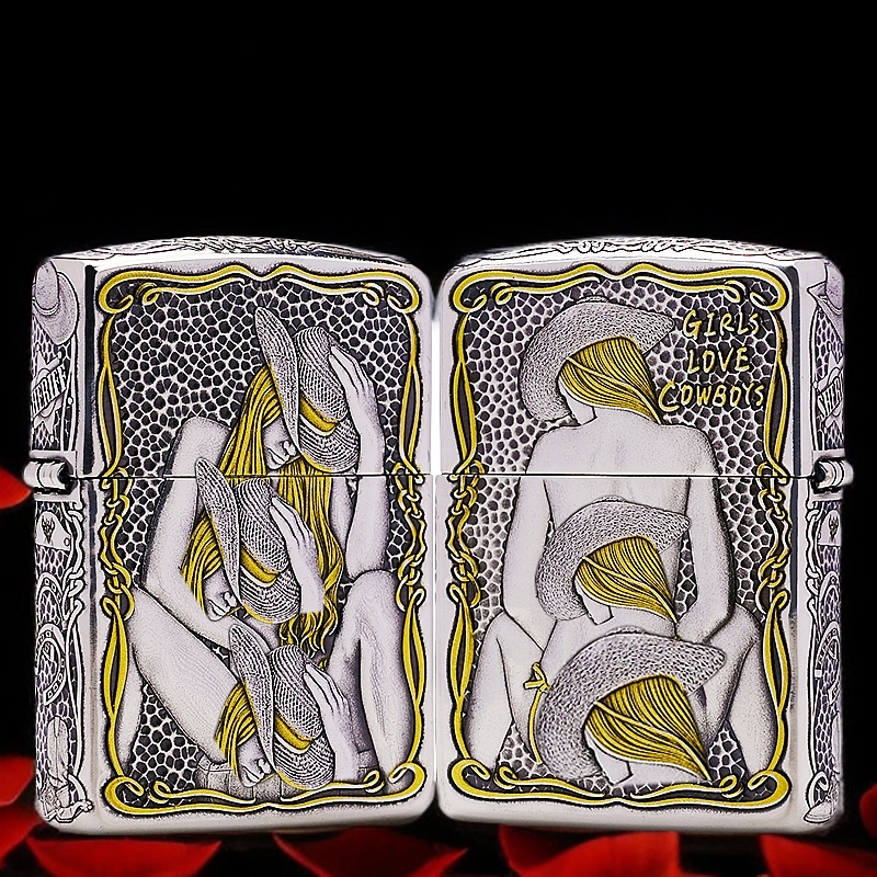 ZIPPO/之宝镀银鎏金【五面牛仔女郎】盔甲机正品煤油打火机KF-DF