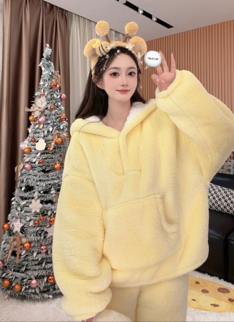 【变态厚】冬季纯色简约大码加绒加厚加连帽保暖宽松家居服毛绒套装