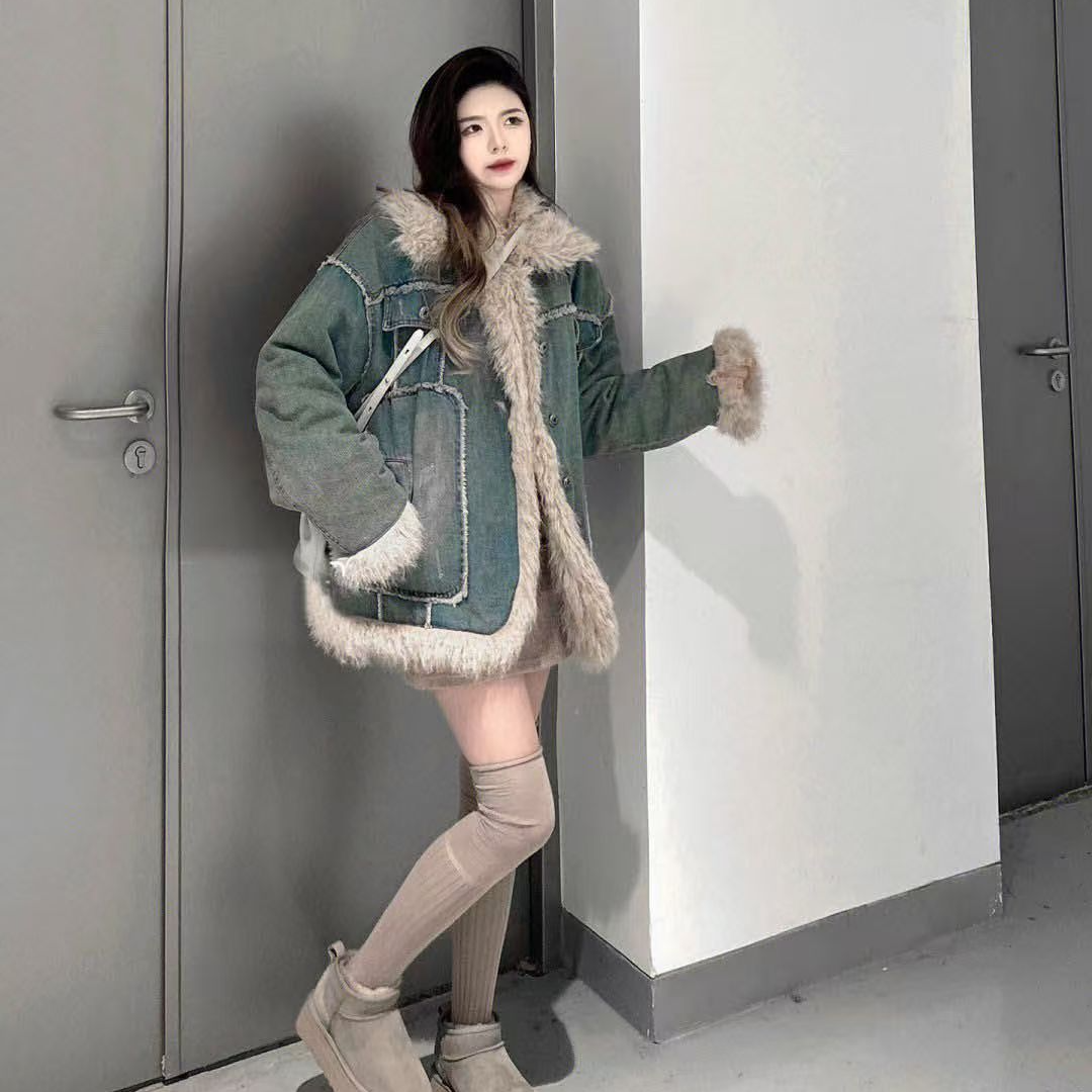 D25 121908 休闲风百搭牛仔毛毛外套女新款加厚加绒复古高级