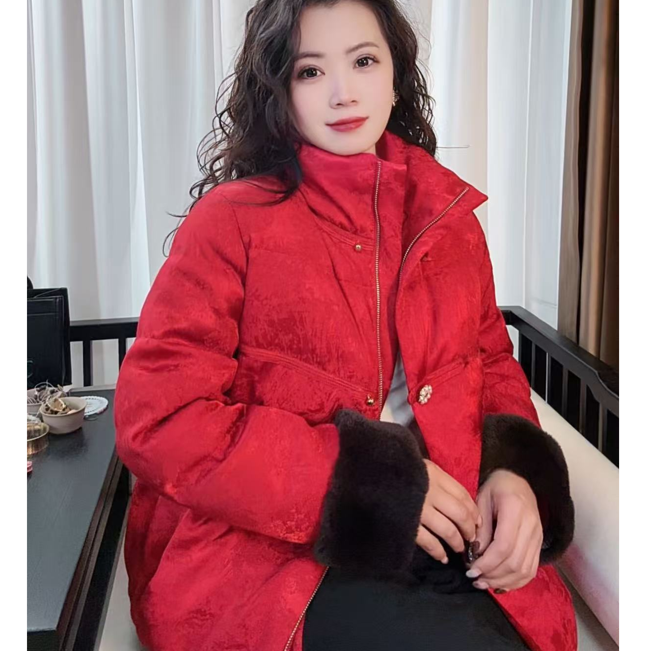 新中式冬季保暖鹅绒服立领上衣新中式唐装提花外套Y045