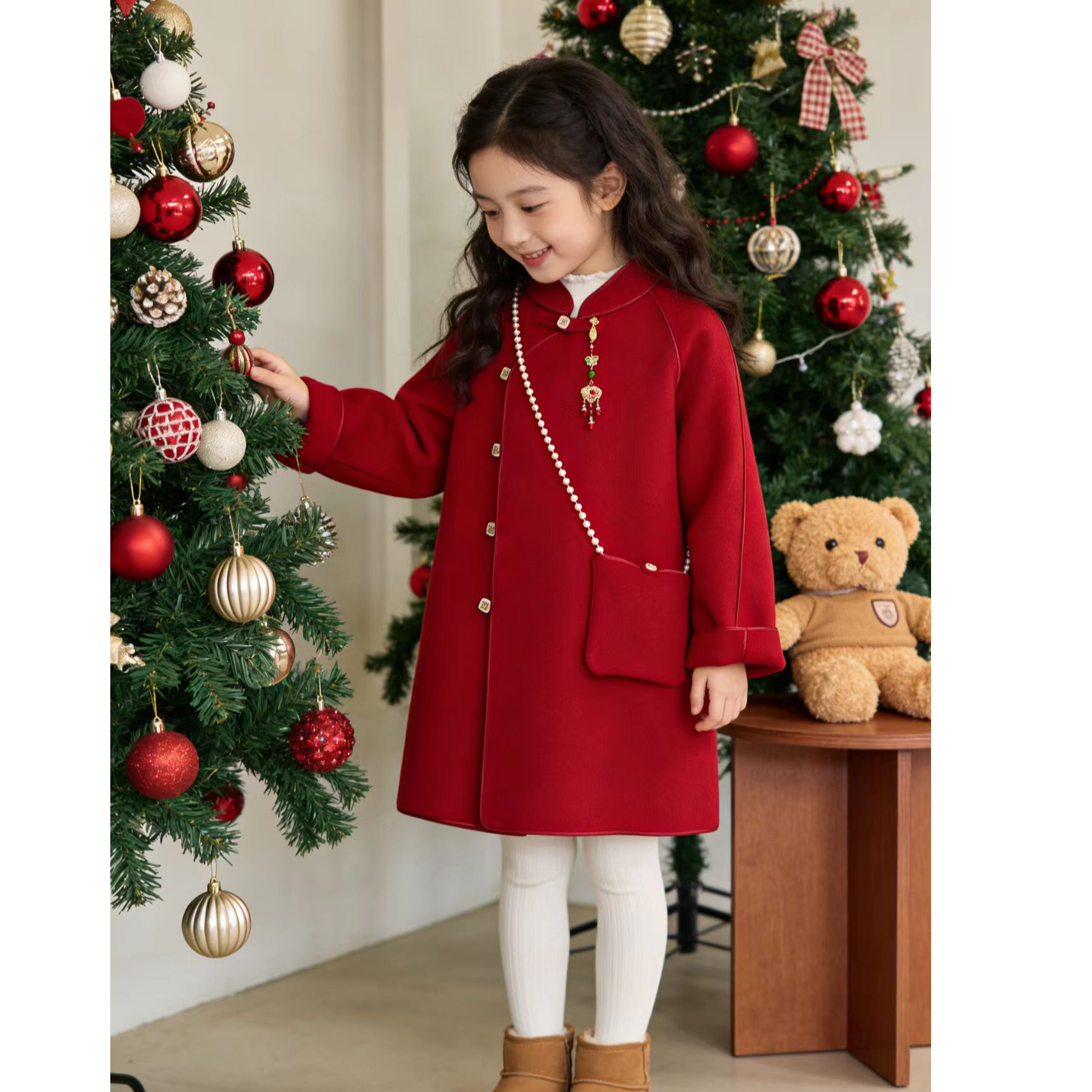 女童大衣秋冬双面呢羊毛大衣新中式国风中长款大衣珍珠链包包外套