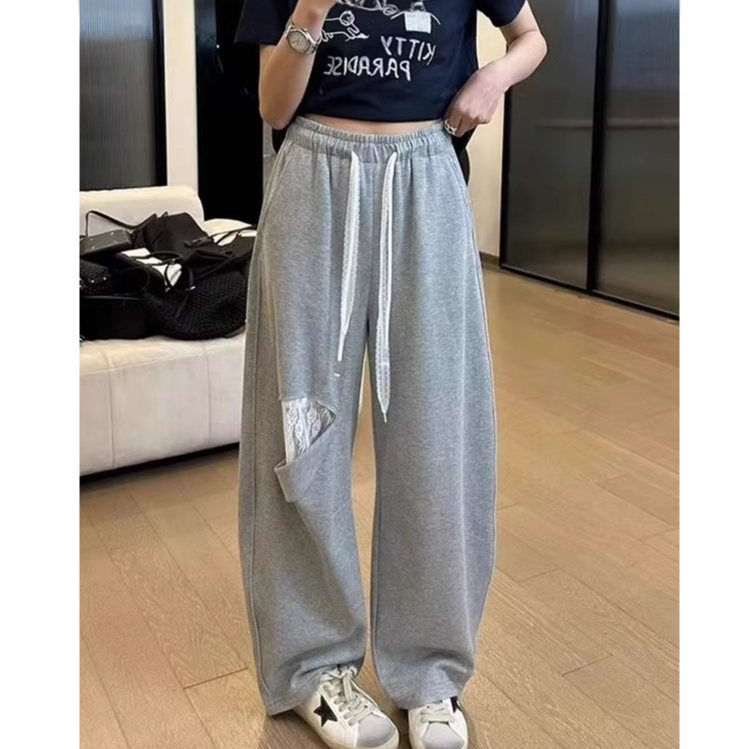 灰色蕾丝拼接破洞镰弯刀休闲卫裤女2025夏季薄款大码设计感香蕉裤