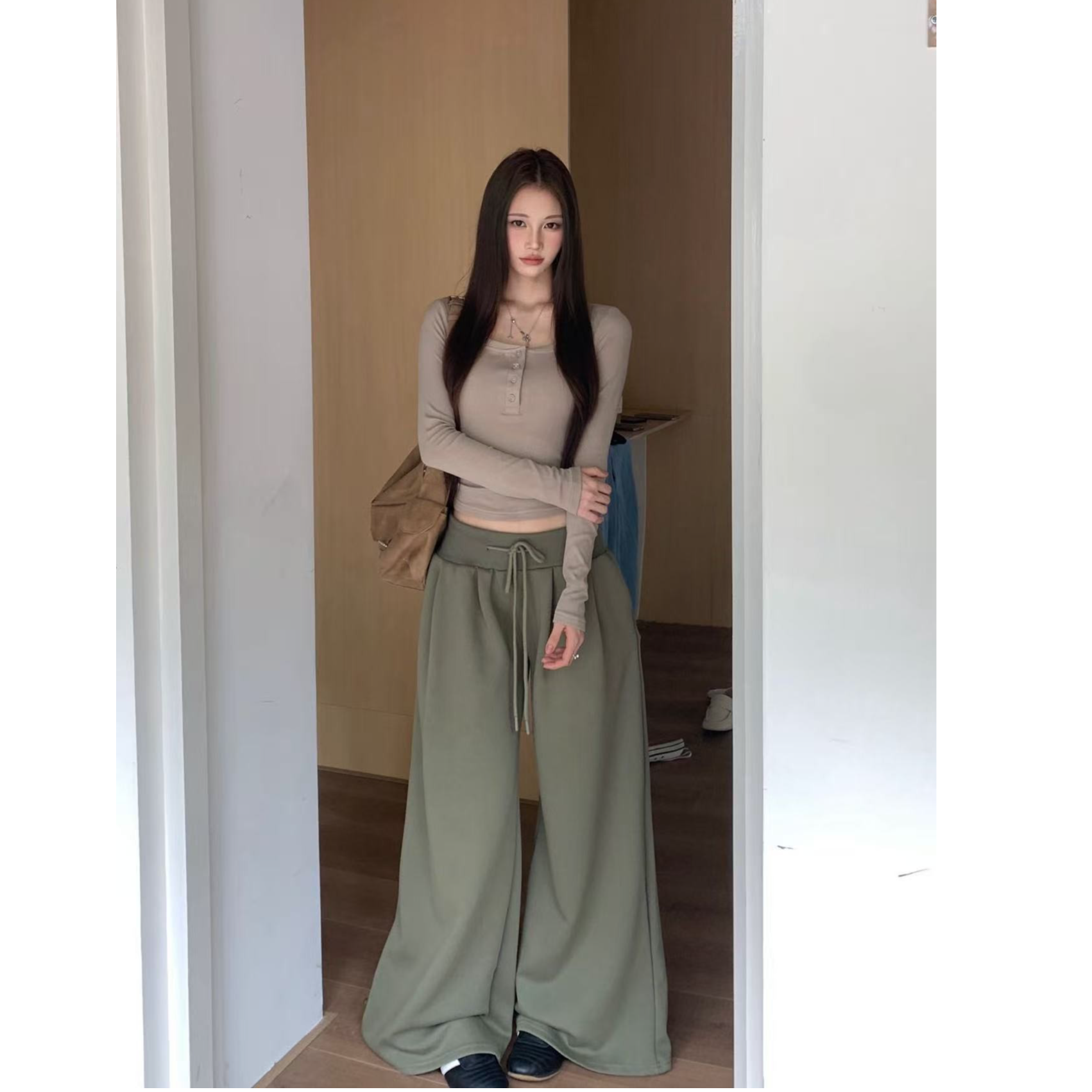 慵懒休闲美式复古藏青色运动垂感宽松长裤A741