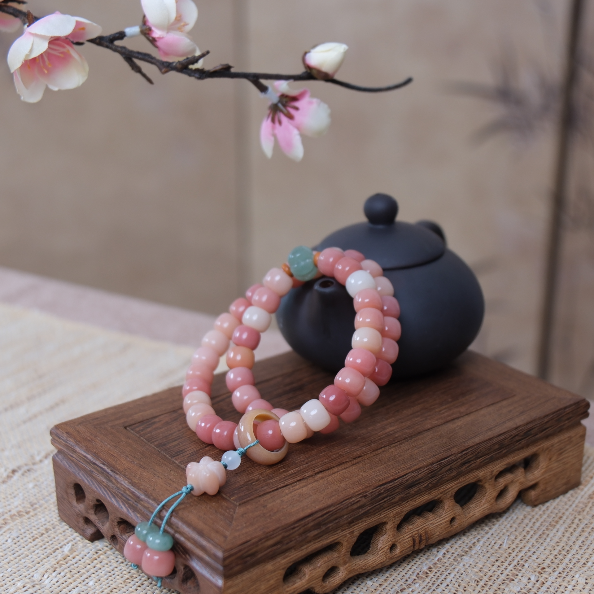 心【普陀山国营官方】胭脂粉菩提有钱花双圈手串