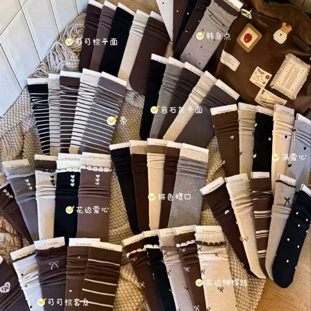 刺绣本命年森系拼接蝴蝶结提花公主风中筒袜中筒