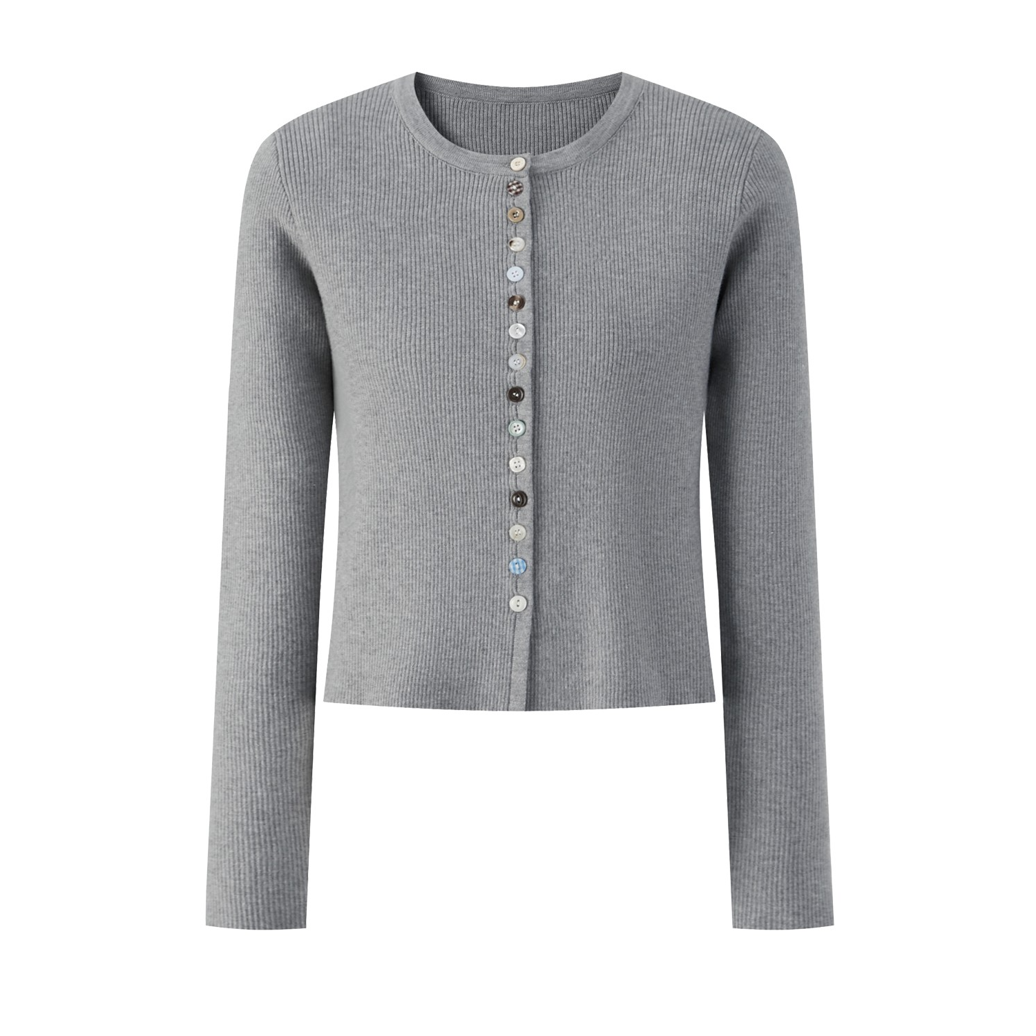 羊城故事-白色彩扣圆领长袖毛针织衫女小众宽松开衫Y51054291