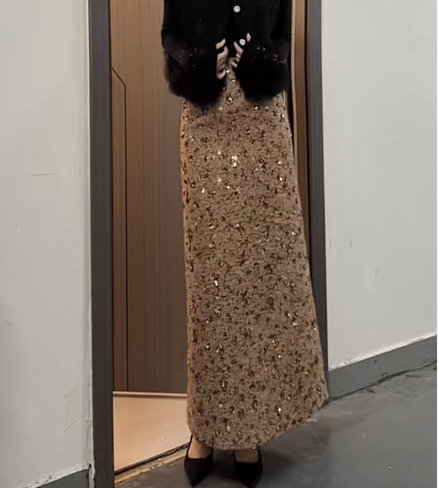 小丽定制--[L915]法式奢华风重工亮片高腰修身显瘦后开叉半身裙女