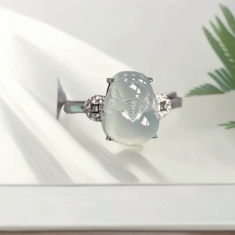 天然缅甸翡翠A货，925银镶嵌白冰貔貅戒指