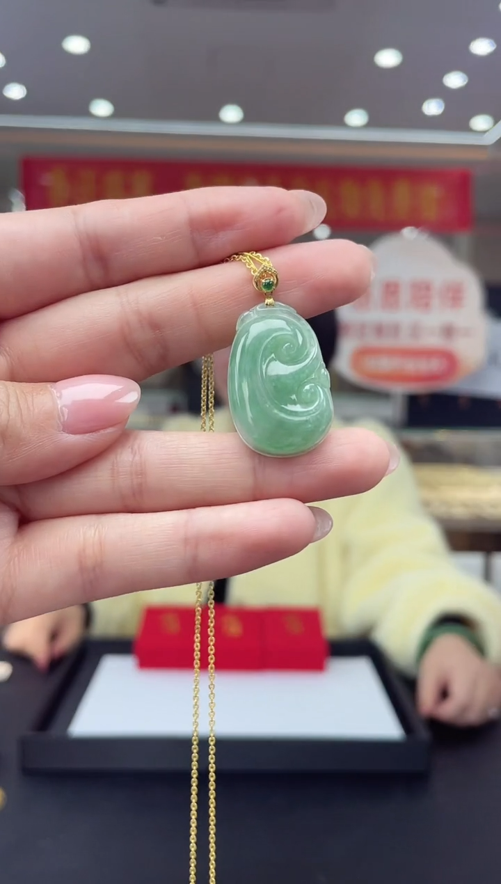 【闪购商品】翡翠挂件18K金镶嵌18K金扣如意多人@@CMT