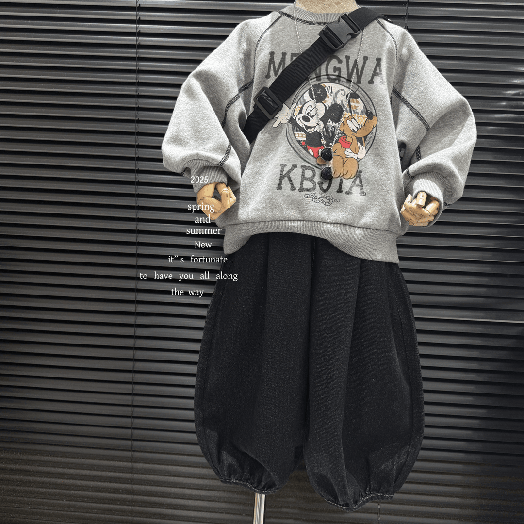 2025新款时尚韩版卡通印花卫衣纯色袖子打底衫时尚宽松百搭