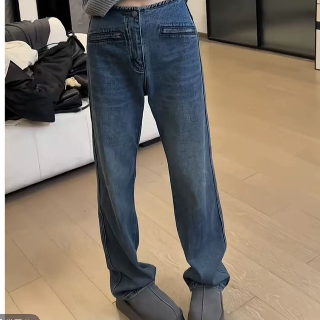 直筒裤春秋厚款极简风高腰牛仔裤夏季显瘦阔腿裤秋冬77454
