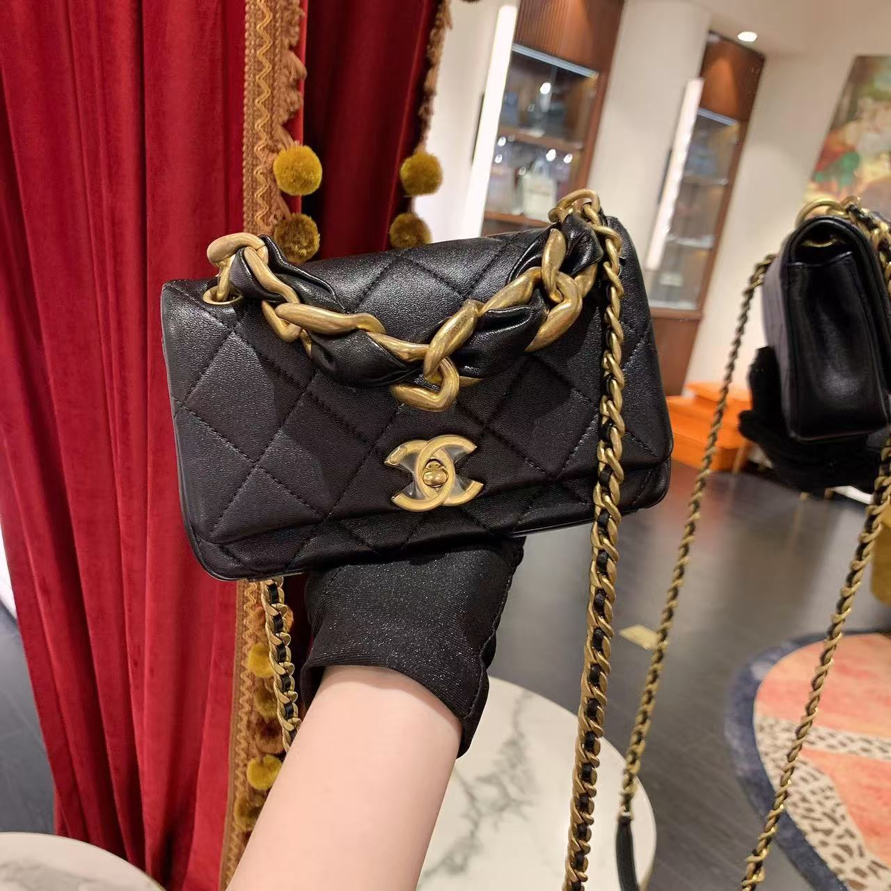 95新 Chanel/香奈儿 GGS21春夏粗链条黑金羊皮单肩包/90154914