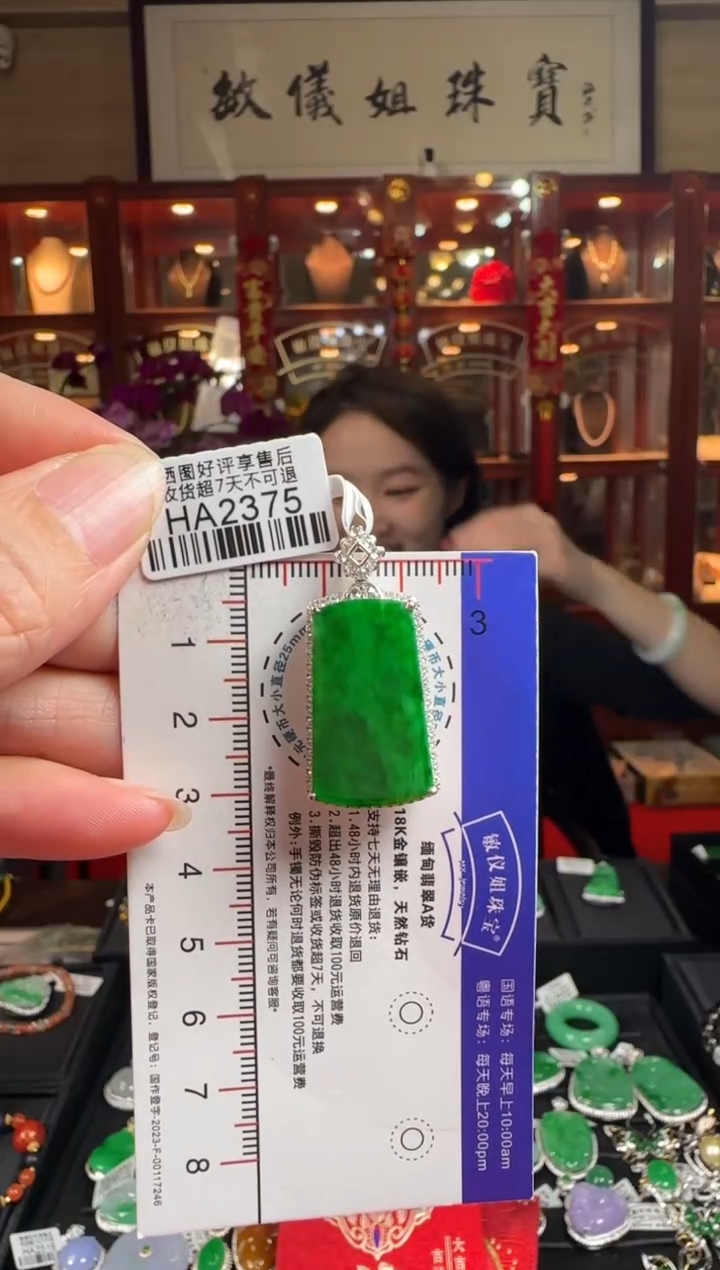 【闪购商品】翡翠颈饰18K金镶嵌HA2375冰辣绿无事牌