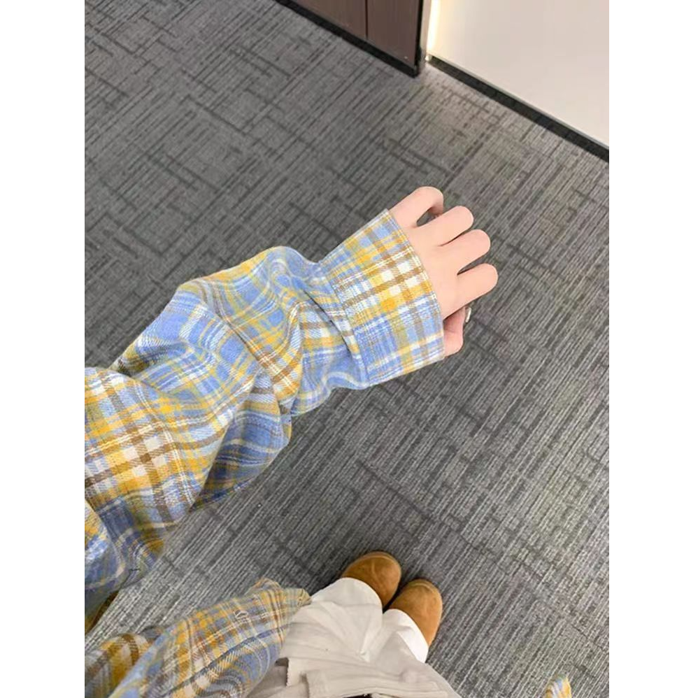浅蓝格子衬衫女长袖高级感衬衣秋季新款慵懒外套韩版宽松外穿百搭