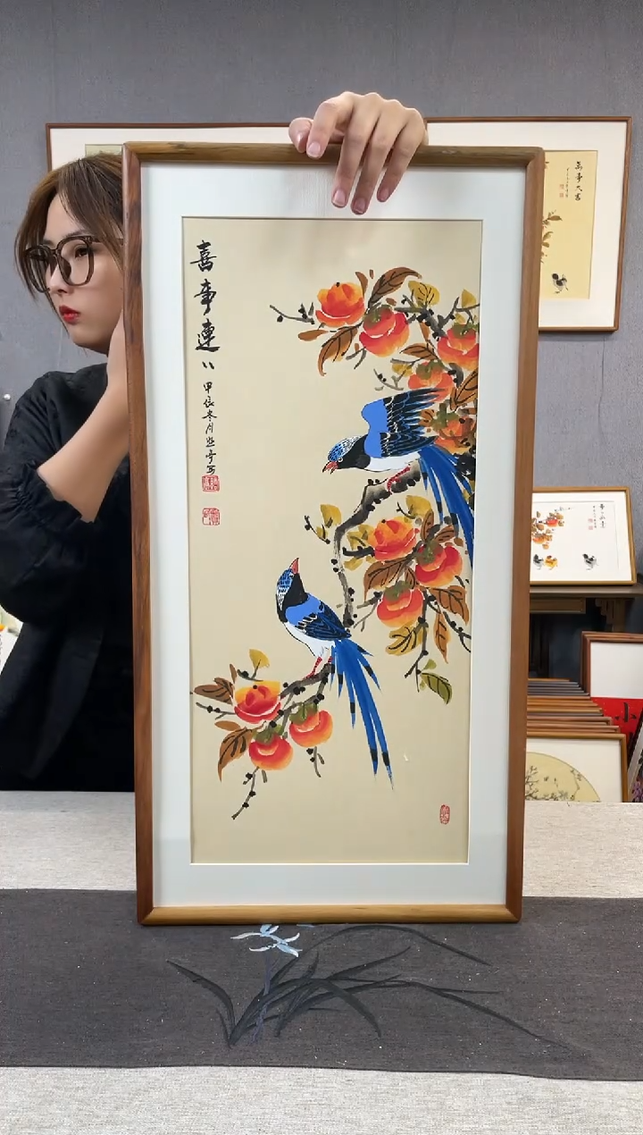 【闪购商品】国画贺照亭-纯手绘带框作品-35*68-柿子