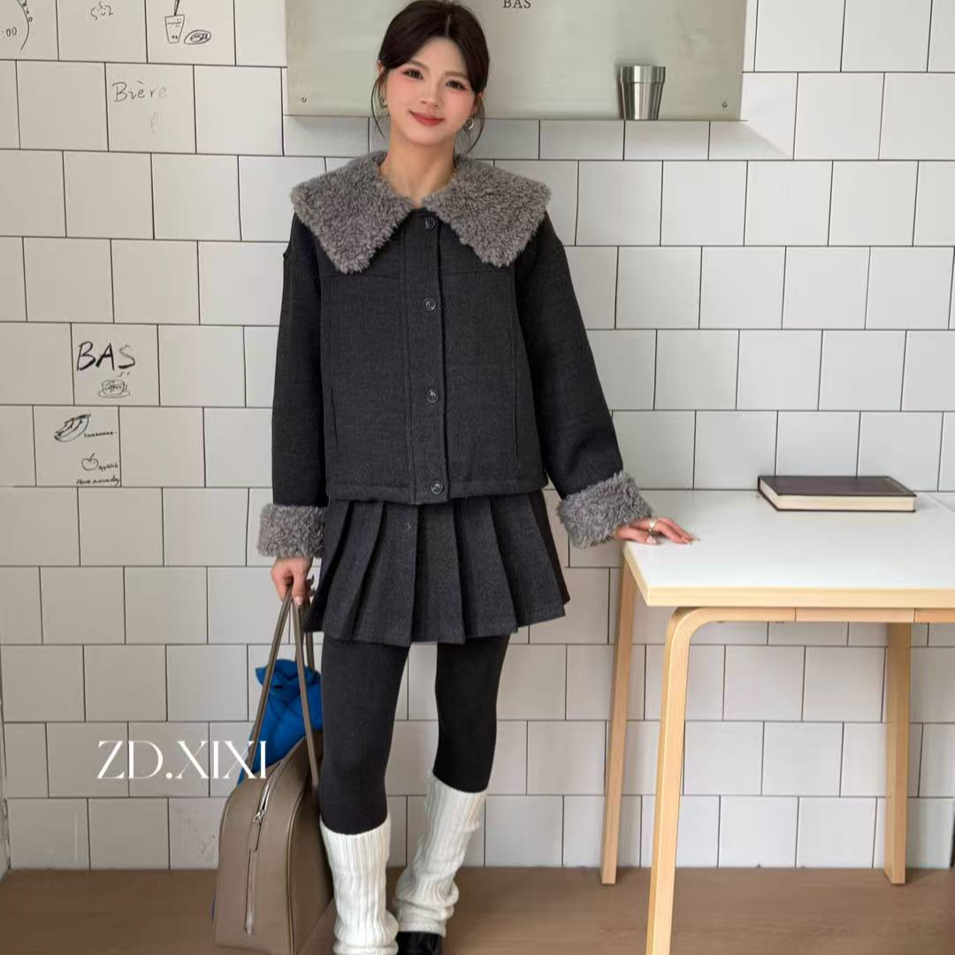 9108•百褶套装 TZ# 90羽绒服翻领羽绒内胆百褶套装•