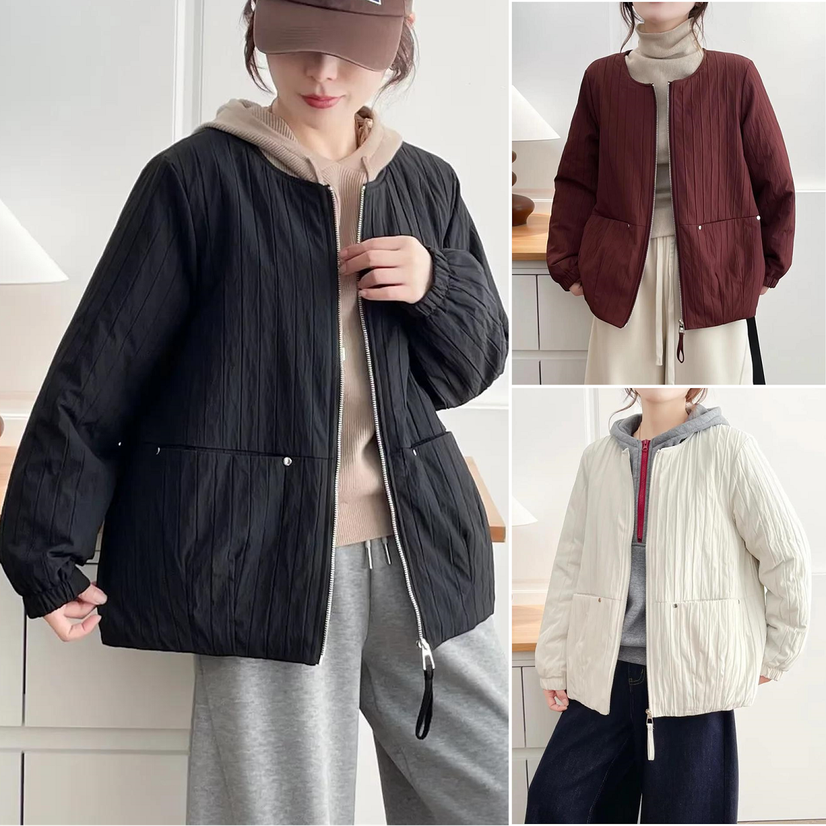 2025冬装新款大码女装胖妹妹圆领中年棉衣轻薄款褶皱双口袋女棉服