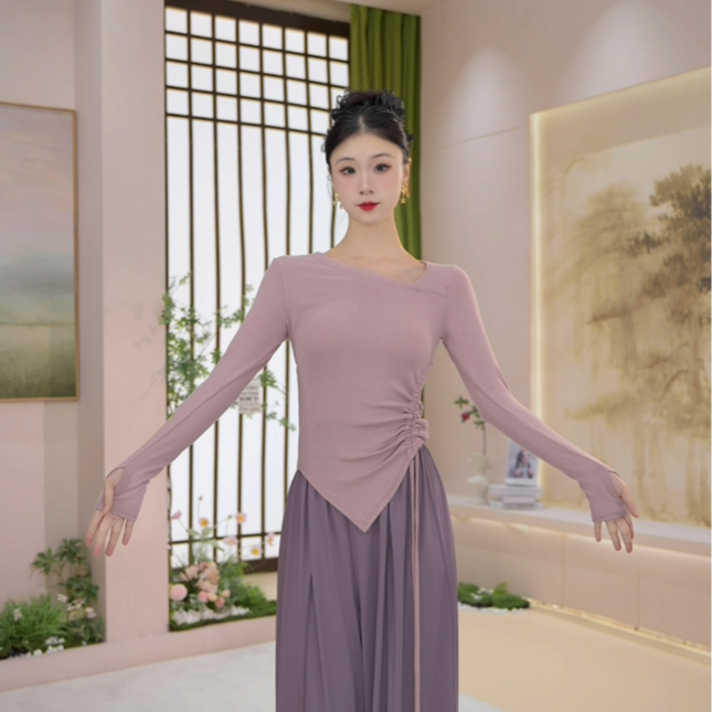 抽绳长袖斜领设计款舞蹈服显瘦可外穿形体服上衣中国舞新款