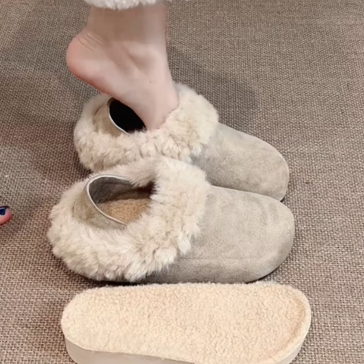 OJRZ韩版温柔风绒面毛毛花边鞋女2025新款冬季加绒勃肯棉鞋毛毛鞋