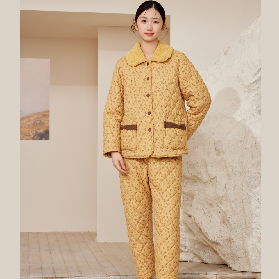 flossy弗劳思女士冬季三层加绒加厚碎花保暖家居服套装CD243