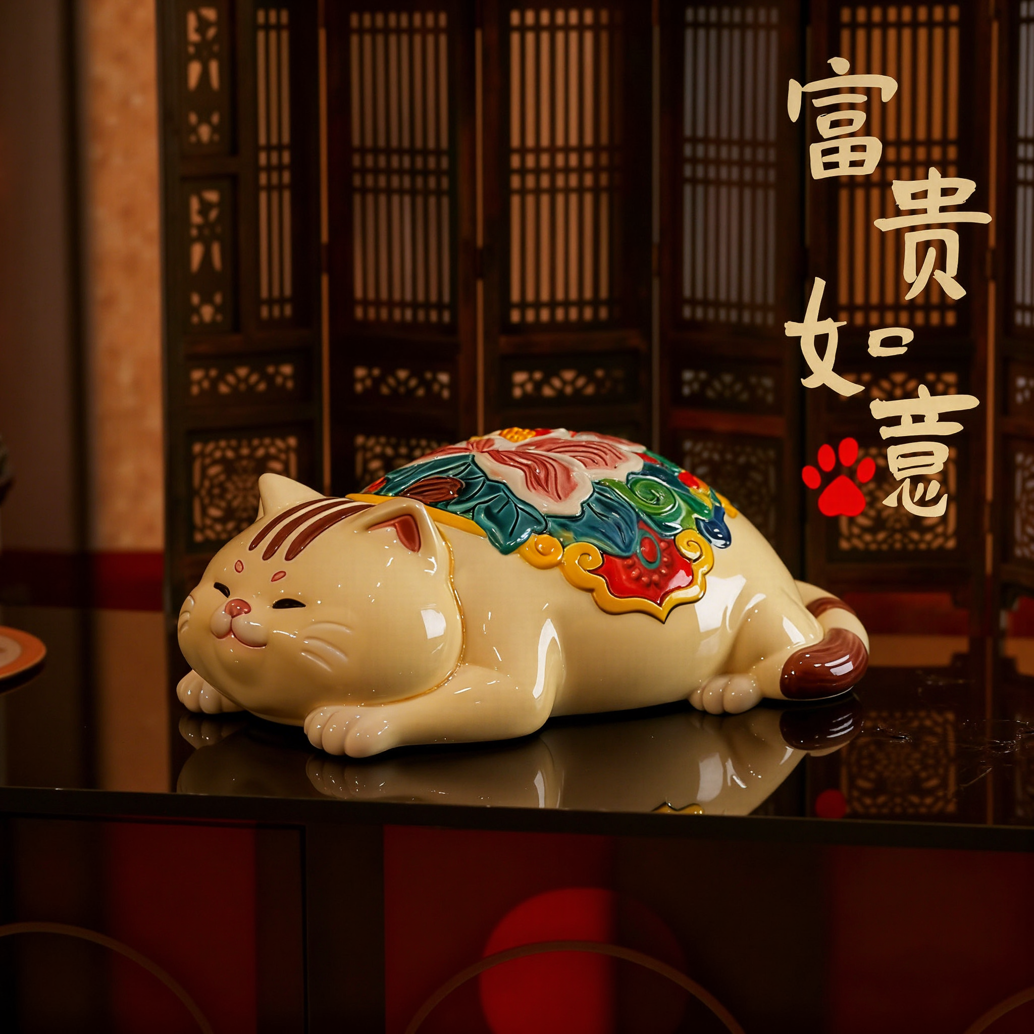 【本尼家】非遗手工彩釉交趾陶《富贵如意》猫桌面装饰摆件