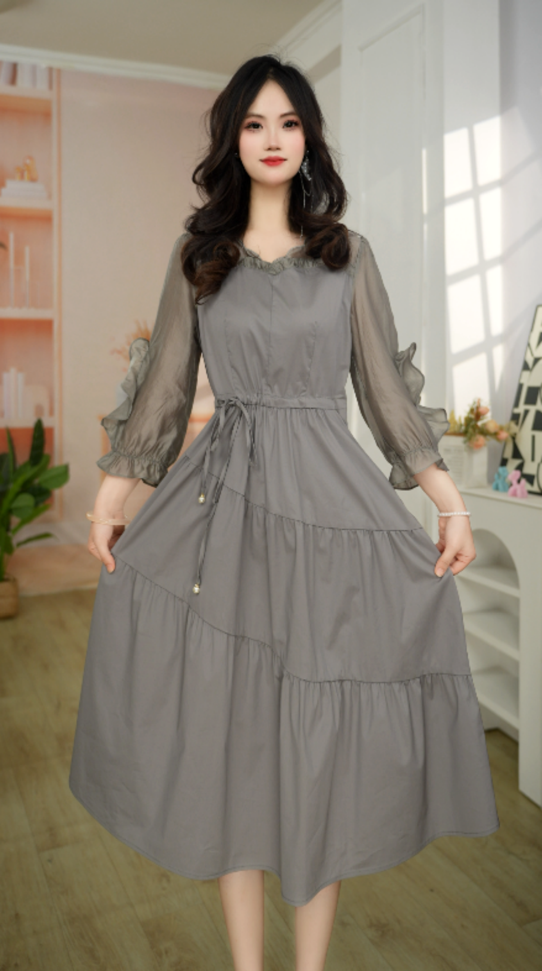 收腰连衣裙夏季女装高腰显瘦泡泡袖裙子不规则领型C0099