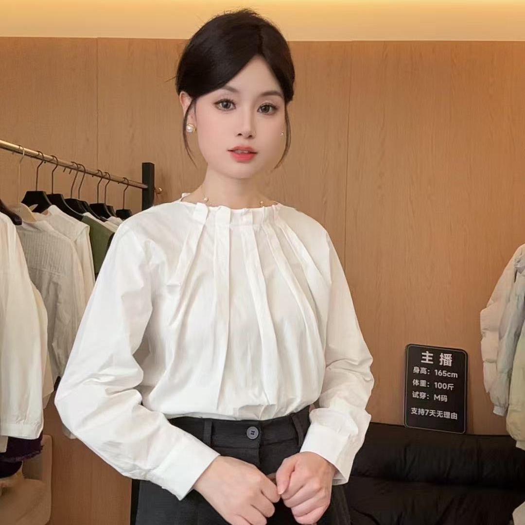  312新款白色长袖衬衫女高级感洋气减龄显瘦百搭立领上衣
