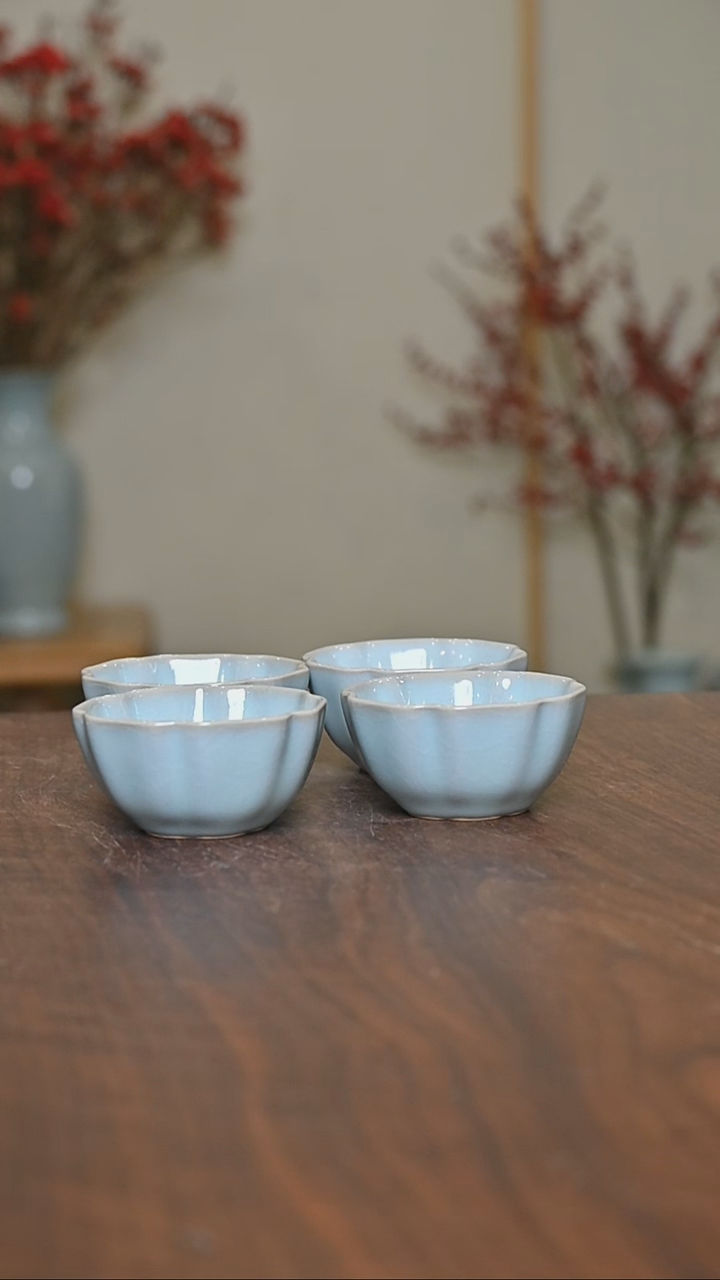 【闪购商品】其他微瑕天青釉朱家汝窑款六方杯4只