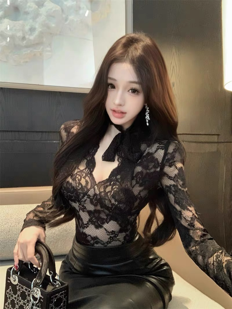 飘带领打底蕾丝衫女秋冬新款纯欲风收腰修身显瘦内搭长袖上衣潮