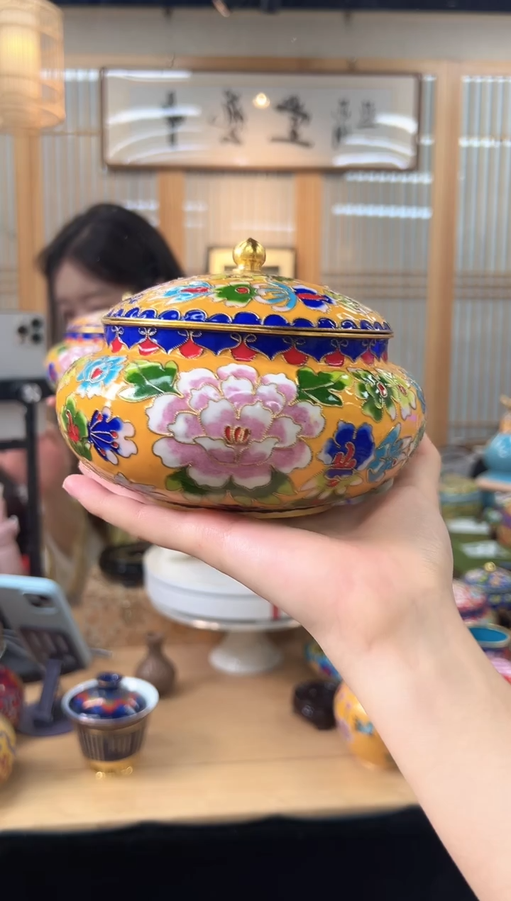 景泰蓝花丝喜子罐6寸XZG002黄色