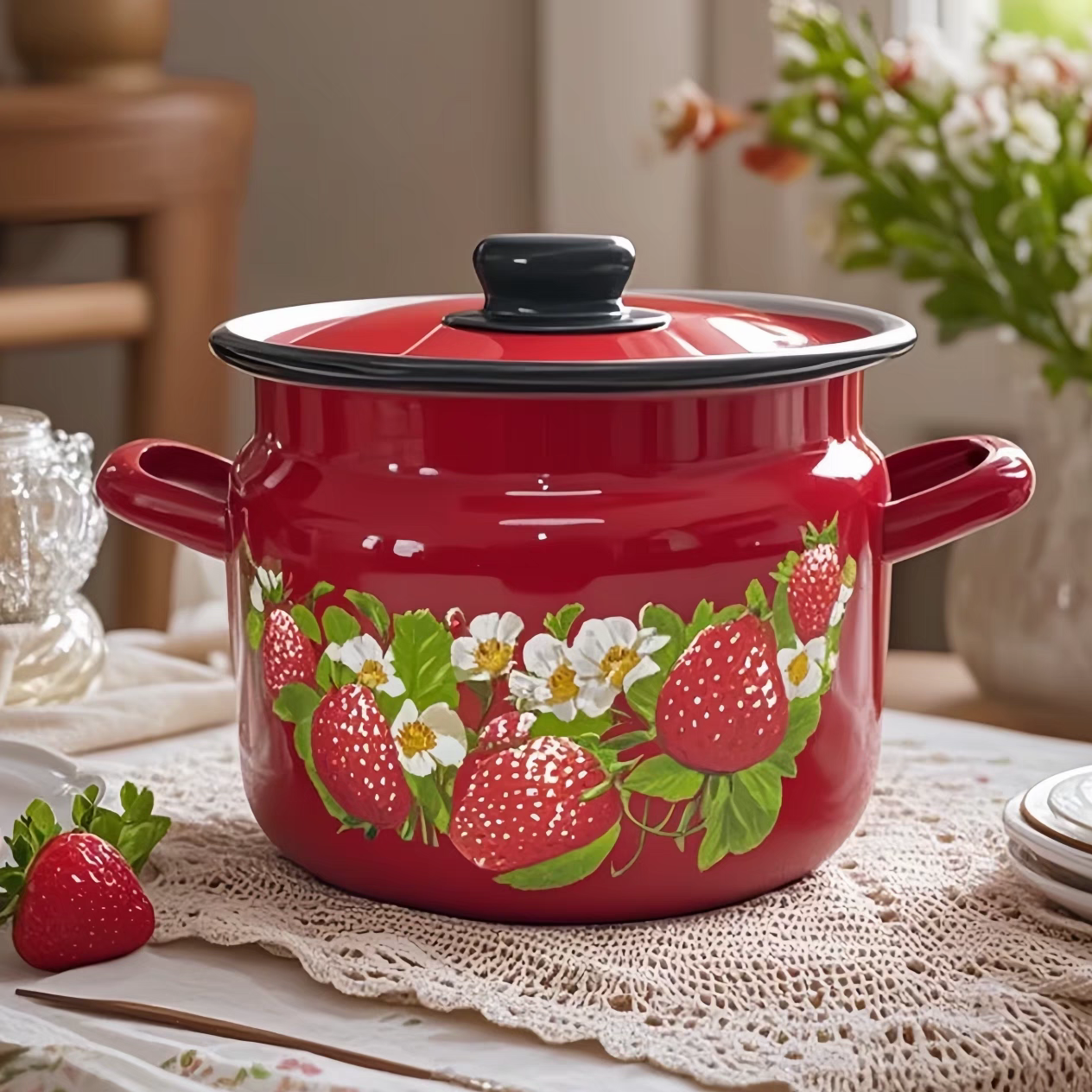 新款红草莓双耳带盖搪瓷微瑕疵猪油罐小炖锅储物罐复古小众搪瓷