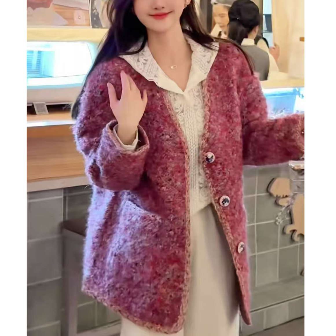 韩系编织V领羊毛外套女宽松显瘦小香风上衣(C8-4)70212(ZZ)