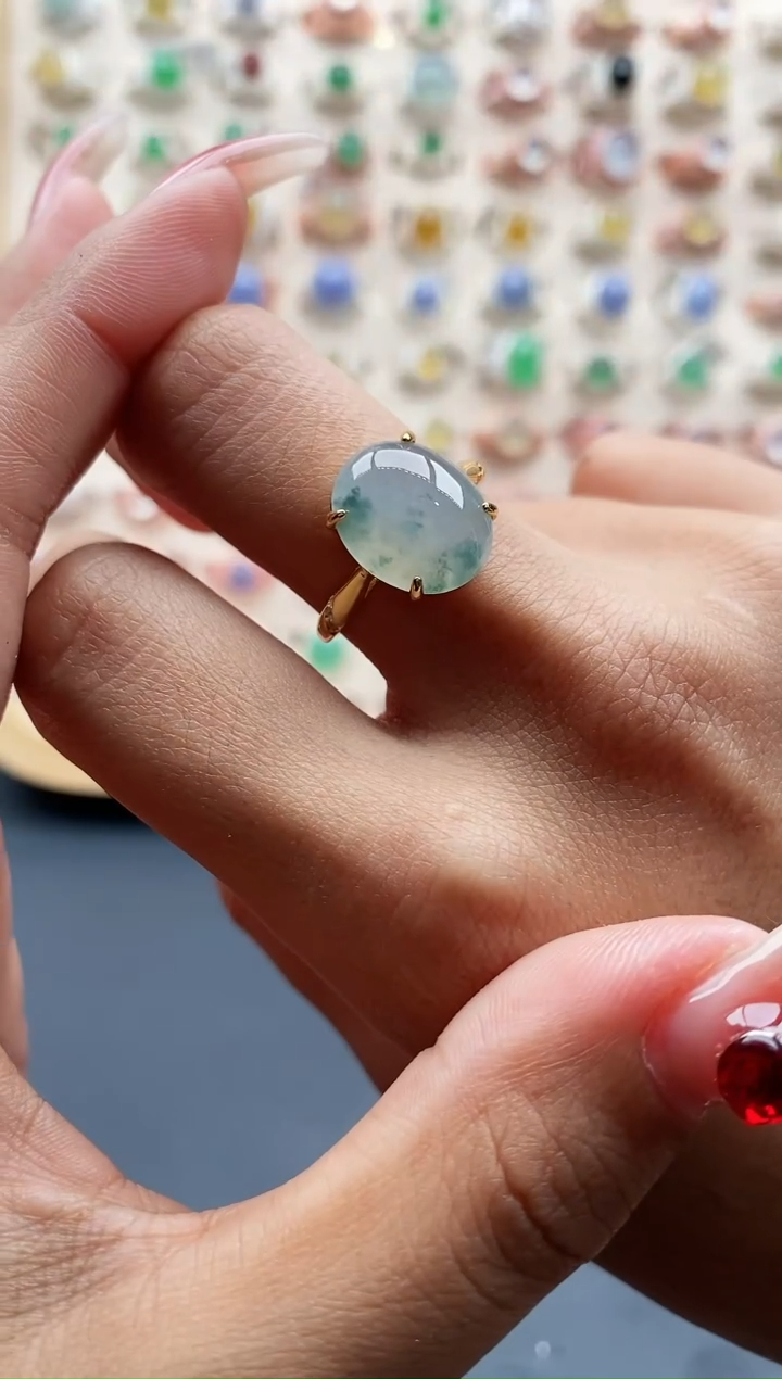 【闪购商品】翡翠戒指银S925镶嵌缅甸天然A货翡翠444 9+5