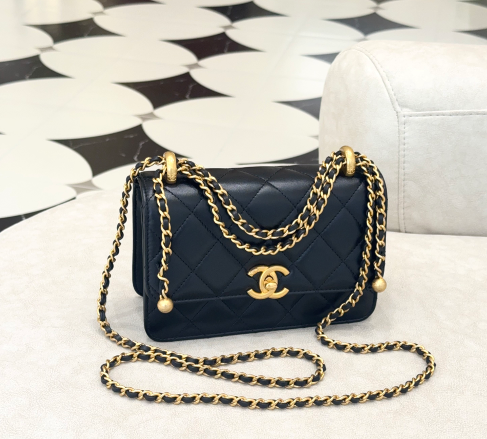 95新 Chanel/香奈儿 GGS香奈儿24c双金珠19黑色金扣牛40081931