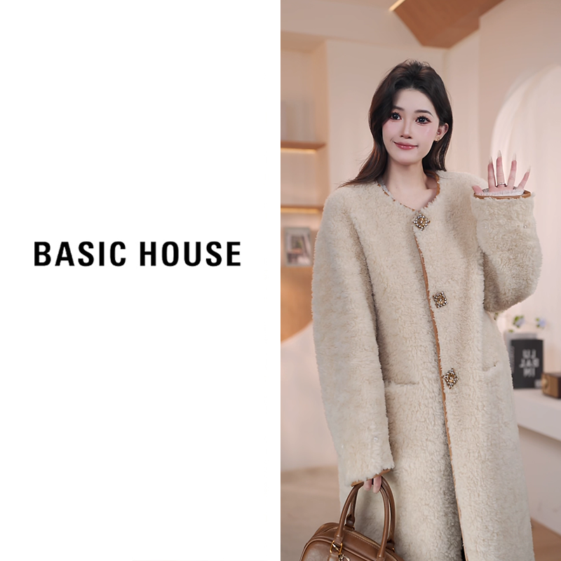 Basic House/百家好2025千金风羊羔毛外套女B1294B5C352（衣长90）