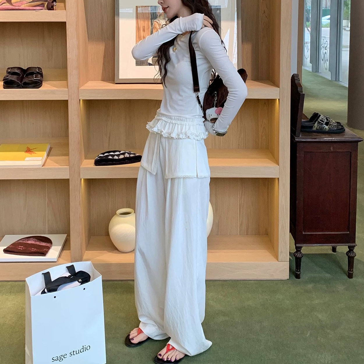 周美美  舒逸慢行花边假两件白色阔腿休闲裤拖地裤裤子女