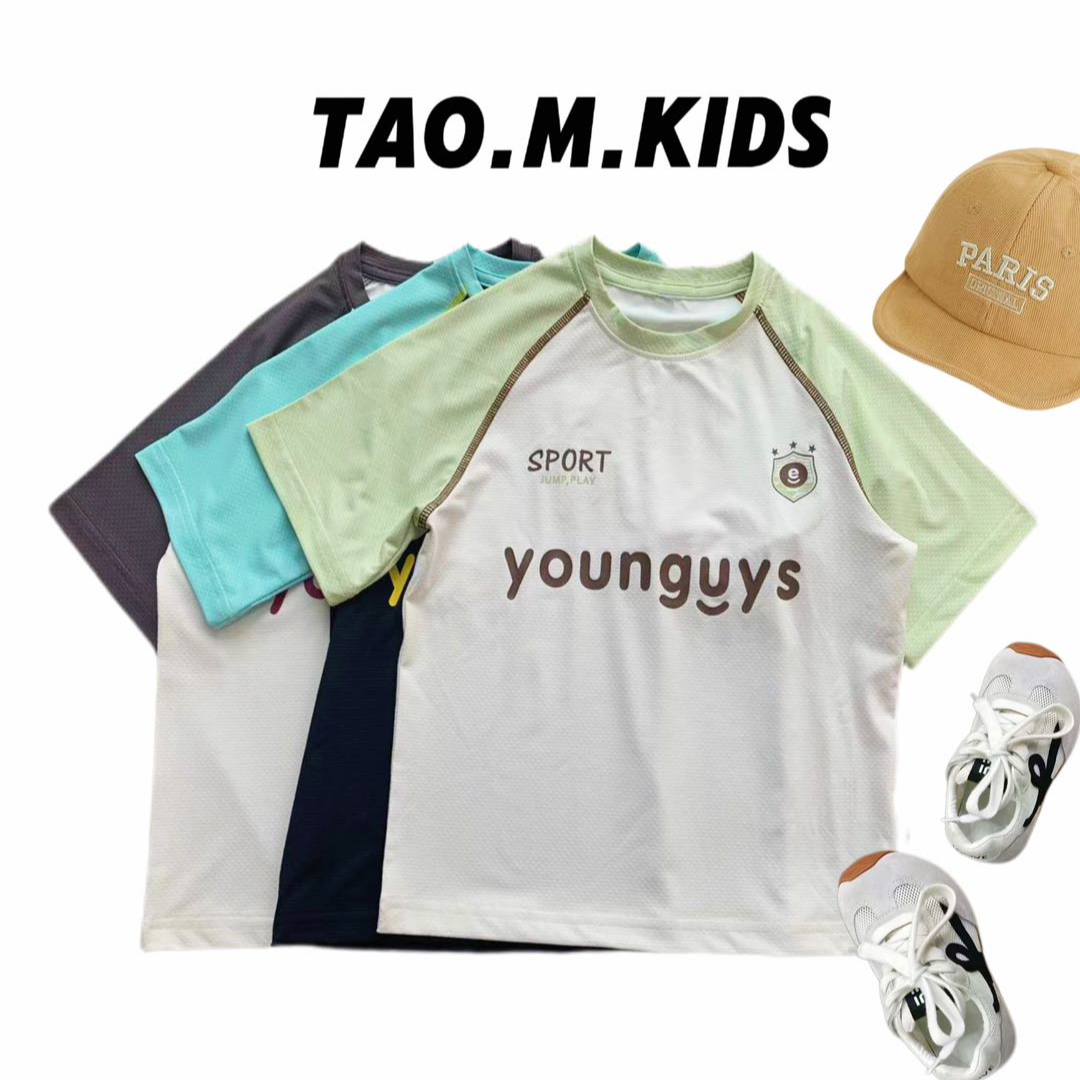 休闲速干T恤拼色百搭透气夏季童装大童男中性字母运动短袖5238