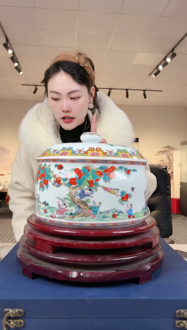 摆件陶瓷柿柿如意茶饼罐+底座