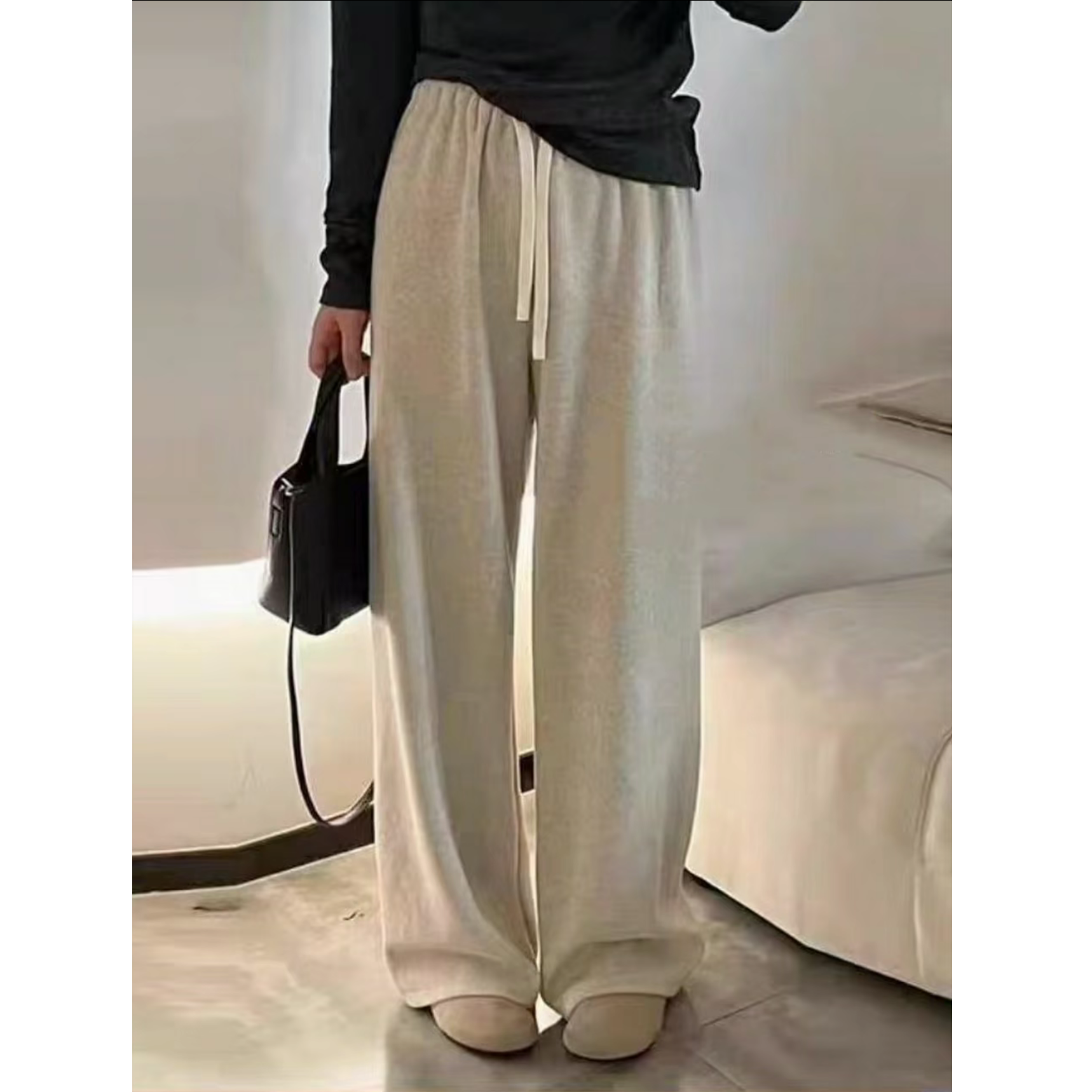 主播同款韩系复古高腰加绒阔腿裤休闲裤春秋外穿拖地裤垂感