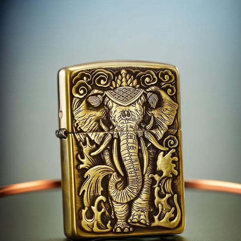【老李鉴定】zippo打火机黄铜盔甲3D立体浮雕浮雕六牙大象男士DYJ1