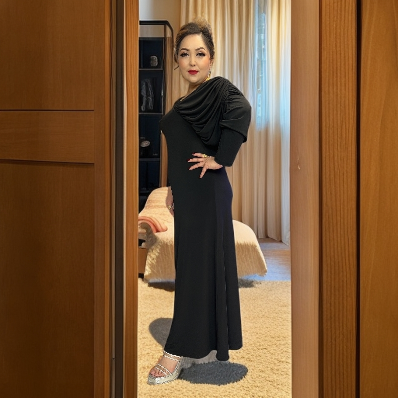 斜肩长袖秋季纯色春/秋/冬连衣裙黑色裙子春秋时尚01气质