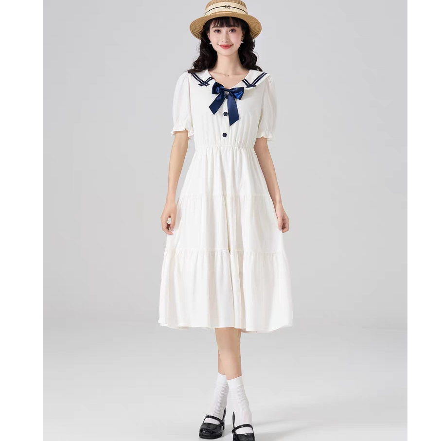 【通江恒宣】C84708爆款甜美海军风白裙蝴蝶结泡泡袖设计清新减龄