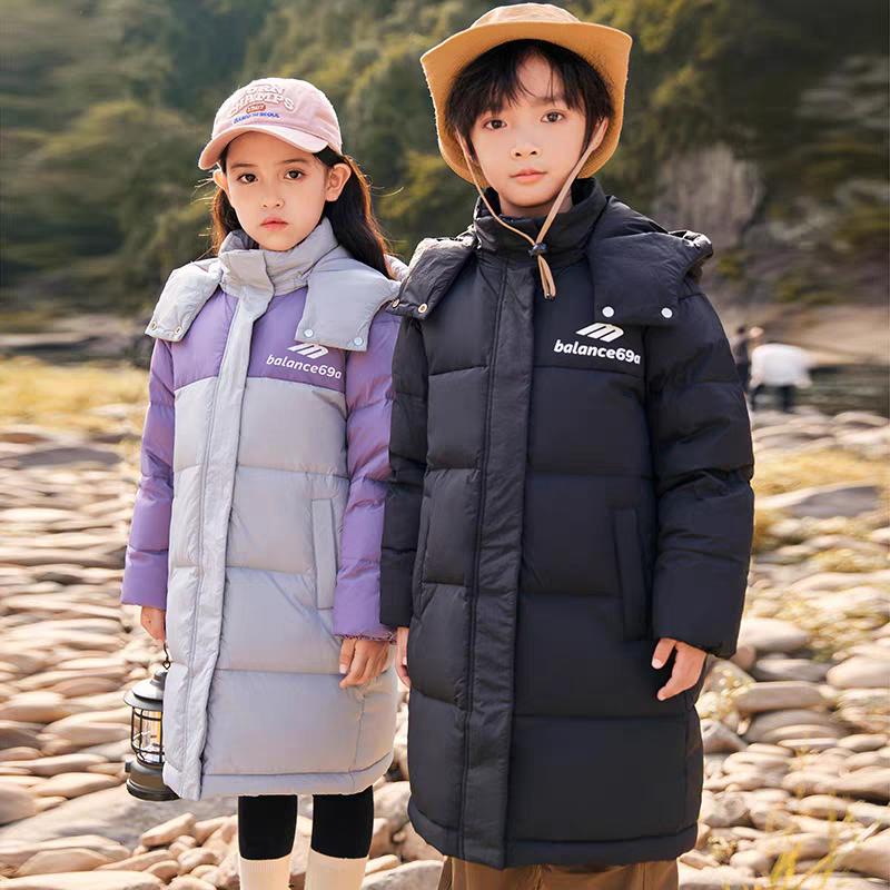 2025新款正品加厚女童中长款中大童撞色羽绒服冬季男童儿童外套潮