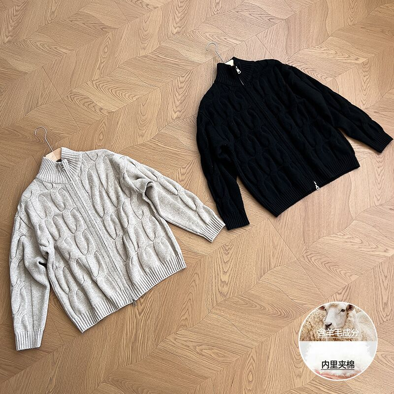 【老钱通勤】加厚加棉羊毛混纺针织开衫外套肌理感扭花休闲针织毛衣