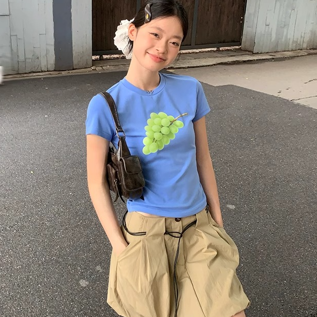 趣味蓝色水果印花正肩短袖t恤女夏季修身圆领韩系休闲短款上衣N