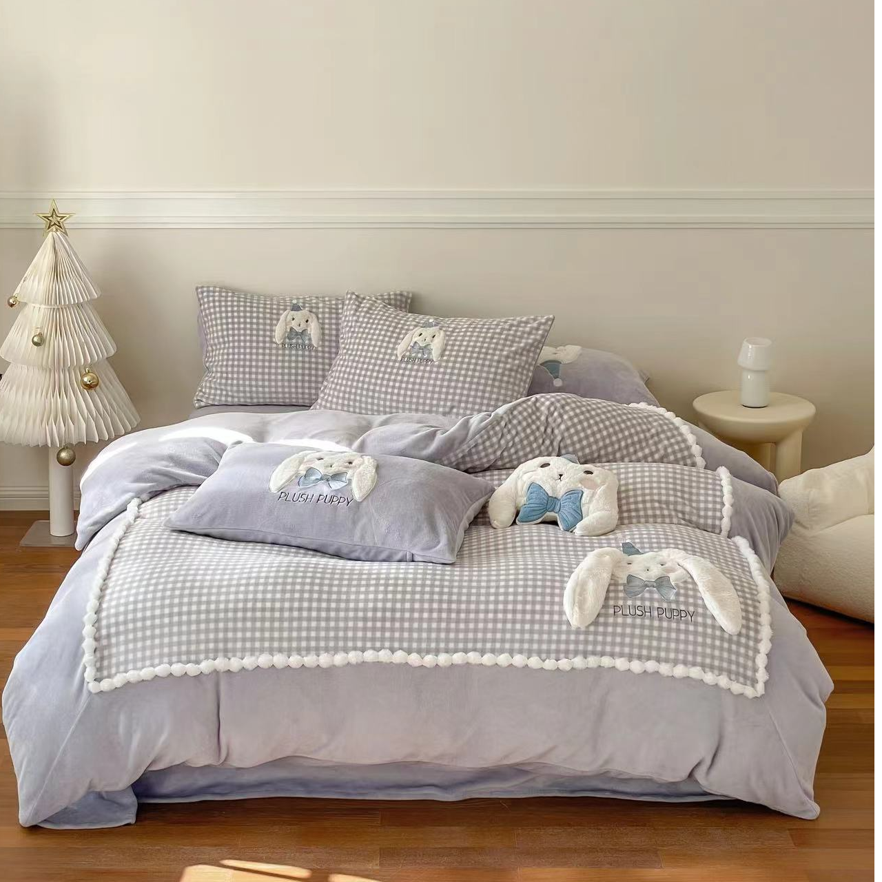 小玲子 兔宝贝 冬季加厚牛奶绒刺绣三件套四件套 可爱卡通风