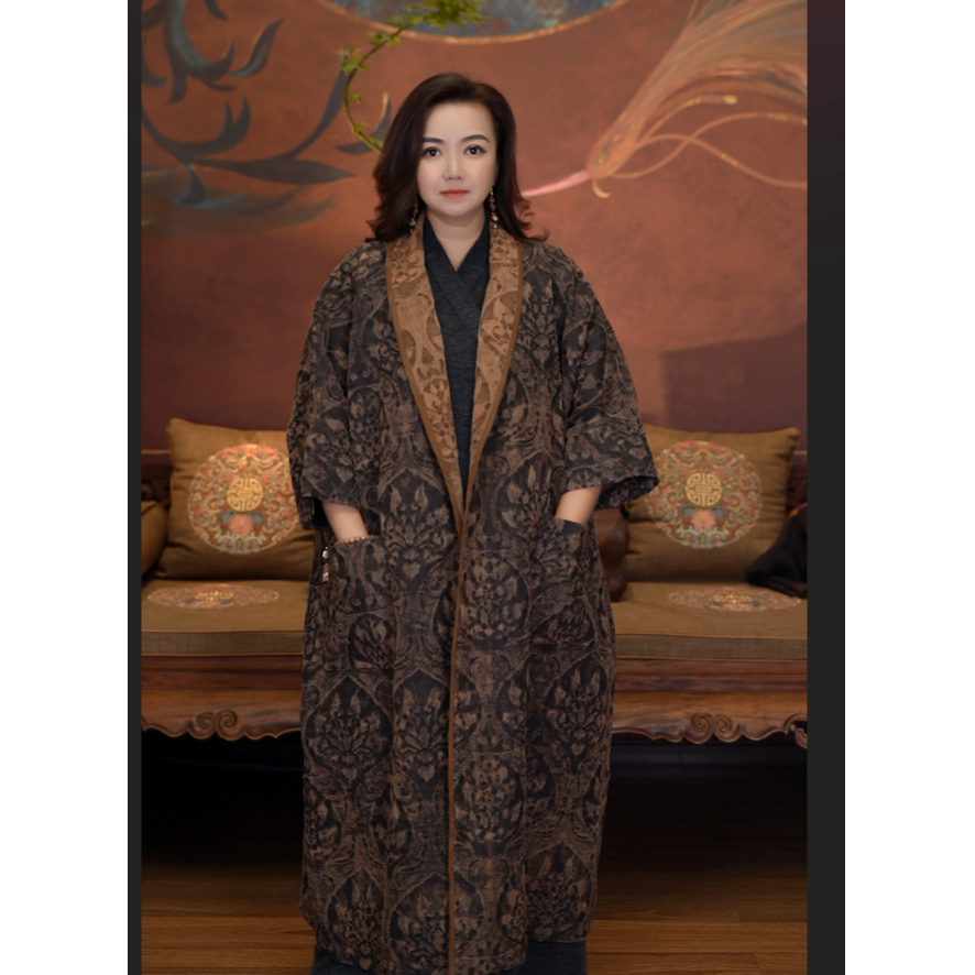 爱上莲心【宝莲花】柞蚕丝大长袍  秋冬时尚百搭新中式老钱风国风