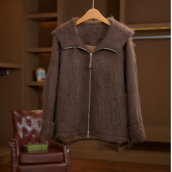 【张富美】2025秋冬双面气质韩版宽松百搭羊毛拉链立领外套女D5589