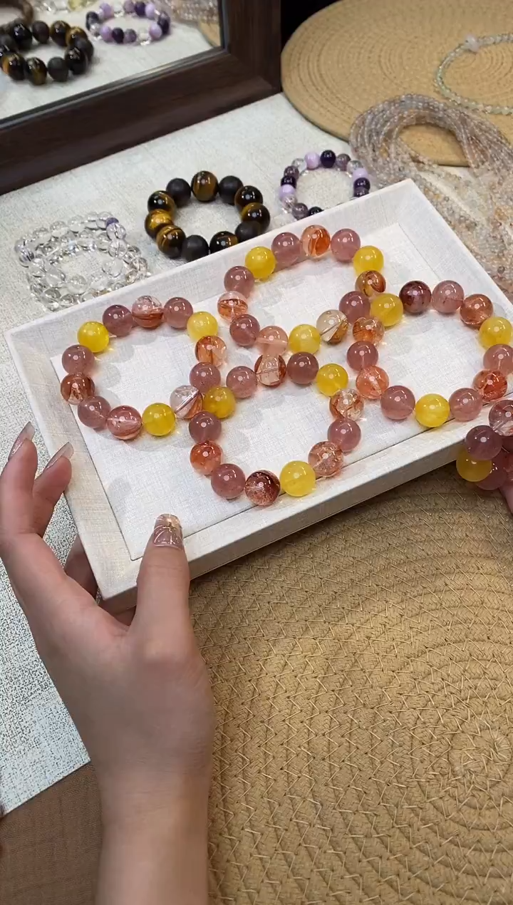 合金手链水晶《花瑰》橙红胶花水晶草莓萤石设计15-16mm多样性发一